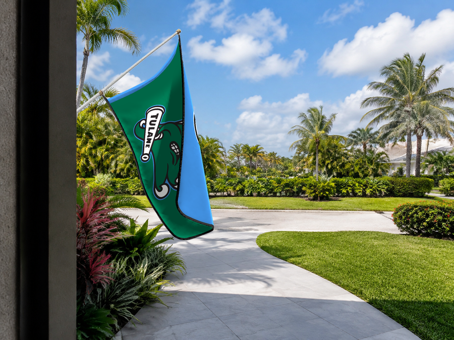 Tulane Green Wave Authentic Gameday Flag — approved one-scene environment view — EXO R89 — item_id=ncaa-fbs-tulane-green-wave — source_sha256=795703e529f5cae28ef054c737d7671420270fcc90e511c47a963e414b112220