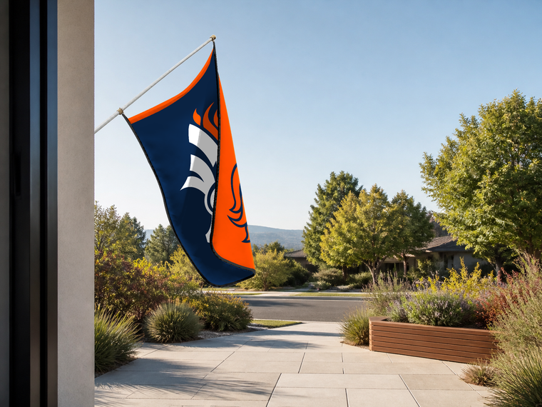 Denver Broncos Authentic Gameday Flag — approved one-scene environment view — EXO R89 — item_id=nfl-denver-broncos — source_sha256=0b2eba38f6f71f02d5f517bae6243db624cf5f2a3b8c2554aabc0641135fe2e1
