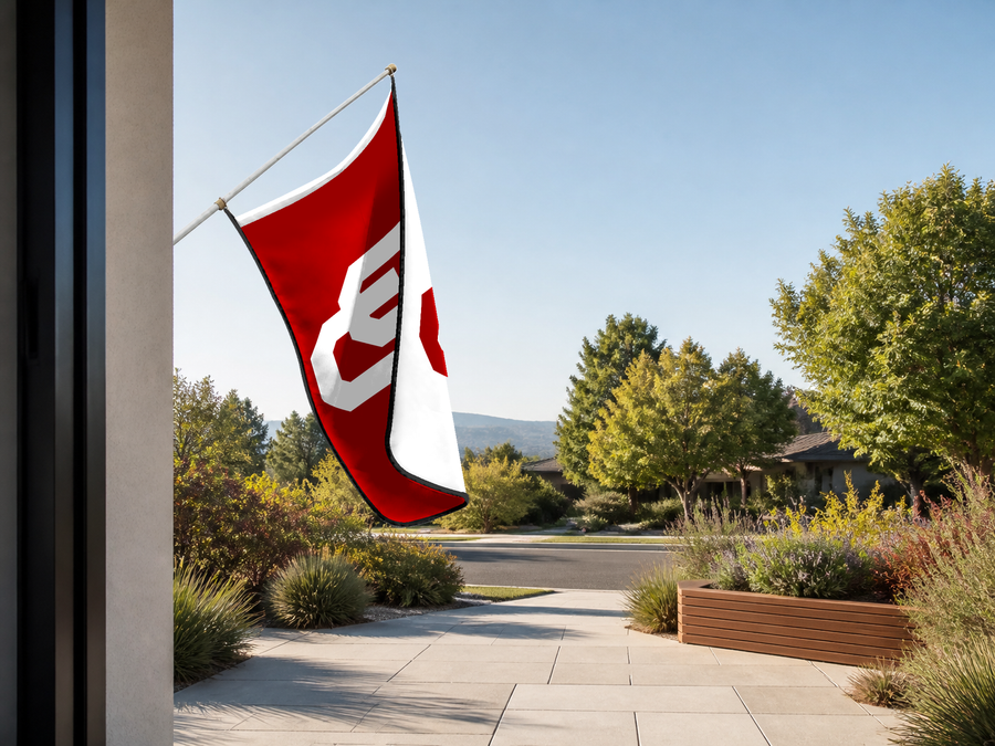 Oklahoma Sooners Authentic Gameday Flag — approved one-scene environment view — EXO R89 — item_id=ncaa-fbs-oklahoma-sooners — source_sha256=5ec179157d825626989caa24b7d833a548d7af951a84bb05c8969b2730e71761