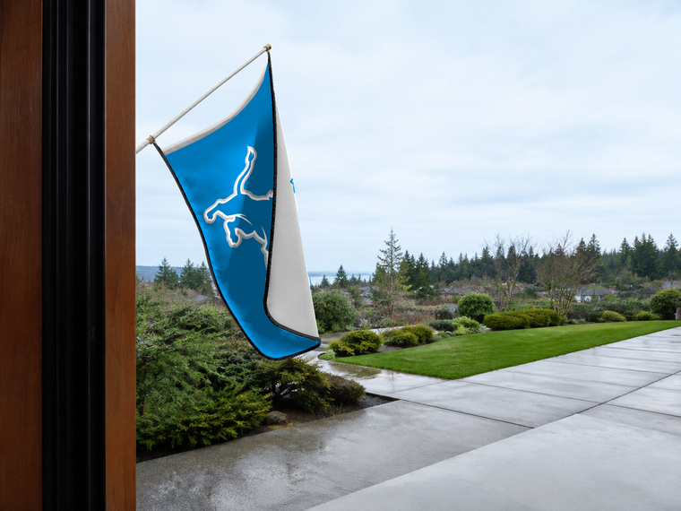 Detroit Lions Authentic Gameday Flag — approved one-scene environment view — EXO R89 — item_id=nfl-detroit-lions — source_sha256=2735079b0e31243841e35dcf01714752a8014e0d3447af9f3a5974098c67de30
