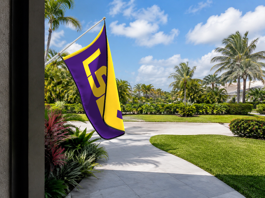 LSU Tigers Authentic Gameday Flag — approved one-scene environment view — EXO R89 — item_id=ncaa-fbs-lsu-tigers — source_sha256=1030da67d3a61d20f0e46116ee1e63550e488d0d116ace09ba67e6d819e4e0a3