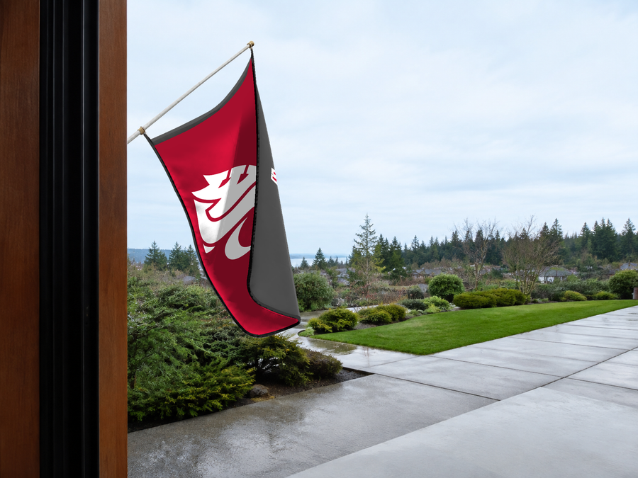 Washington State Cougars Authentic Gameday Flag — approved one-scene environment view — EXO R89 — item_id=ncaa-fbs-washington-state-cougars — source_sha256=cfa3a80e18b5c9078268195fea93ddd319d922cc06f78c623d34ebb30e20b999