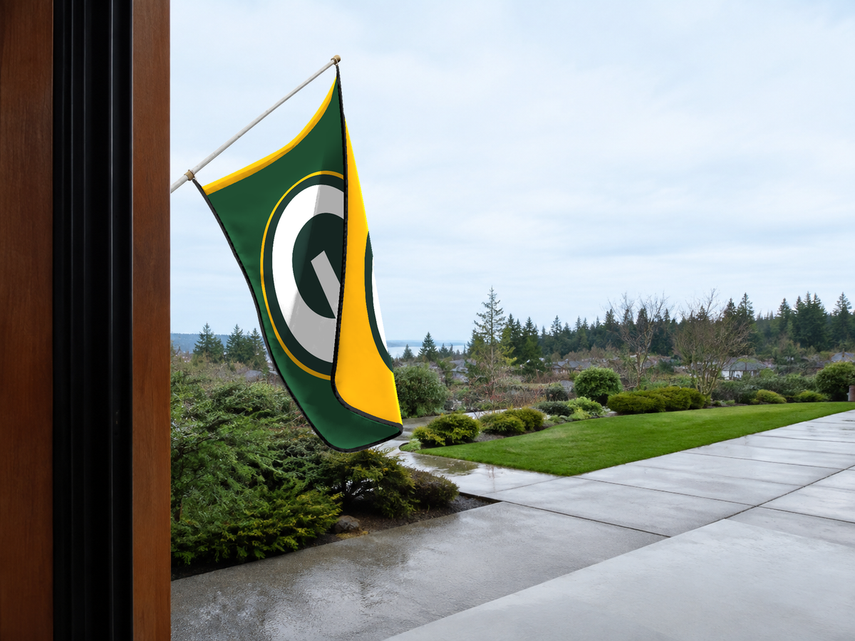 Green Bay Packers Authentic Gameday Flag — approved one-scene environment view — EXO R89 — item_id=nfl-green-bay-packers — source_sha256=411f08e32c13a8ef3ee14a14f0574c3a531253223888a63a81a9141dd3242f0d