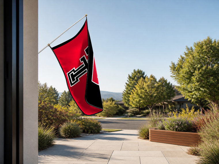 Texas Tech Red Raiders Authentic Gameday Flag — approved one-scene environment view — EXO R89 — item_id=ncaa-fbs-texas-tech-red-raiders — source_sha256=ab2ed779e5e0d4015deb12662ab9e17d128d0b1493d3e0eacf53216fa1524a39