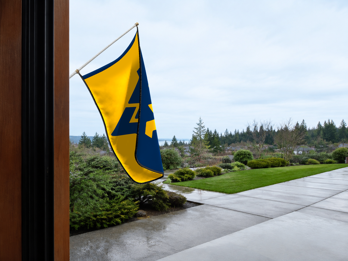 West Virginia Mountaineers Authentic Gameday Flag — approved one-scene environment view — EXO R89 — item_id=ncaa-fbs-west-virginia-mountaineers — source_sha256=6b761a147e1f90dc03be375205cc648d978ea6e0a3dccb563c09f3e2a3d4440a