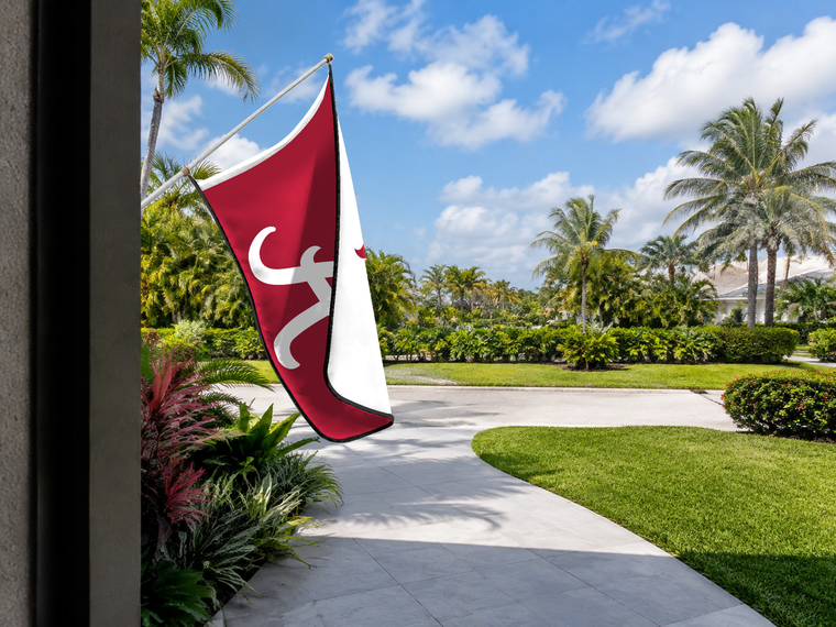 Alabama Crimson Tide Authentic Gameday Flag — approved one-scene environment view — EXO R89 — item_id=ncaa-fbs-alabama-crimson-tide — source_sha256=1cf0df2302db572d1a1e2227e838ab947f89ffa5f9f79b847c1c58cc6a1c9840