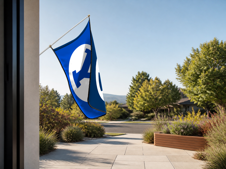BYU Cougars Authentic Gameday Flag — approved one-scene environment view — EXO R89 — item_id=ncaa-fbs-byu-cougars — source_sha256=16f3c8b78bbd2b3b617905656bfaa6cf0c24f08a79f4eda3ce435a394e2735e8