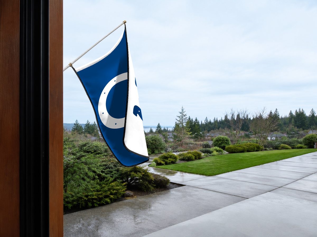 Indianapolis Colts Authentic Gameday Flag — approved one-scene environment view — EXO R89 — item_id=nfl-indianapolis-colts — source_sha256=8bc4d84851f6577686f4f80874b6d312aba2e4e7516aa6754b1c5566d1535337