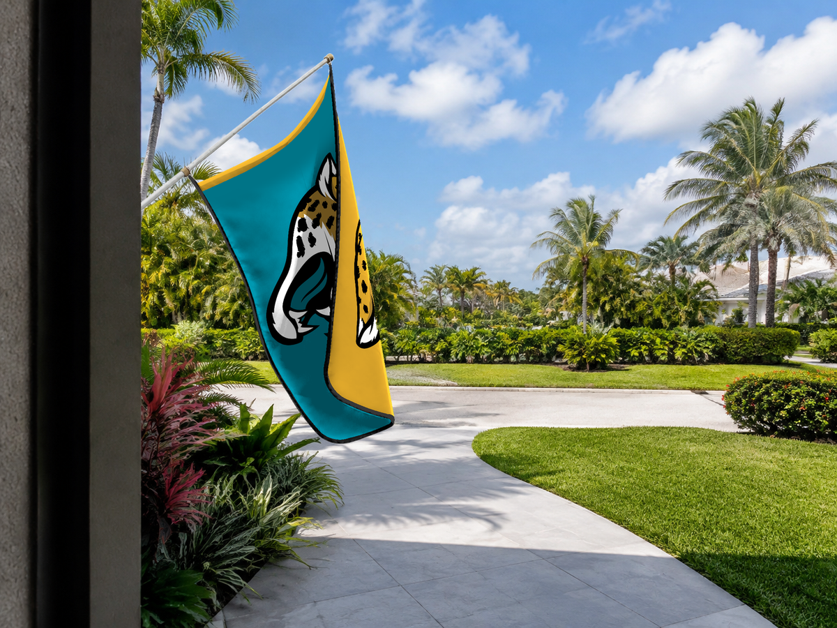 Jacksonville Jaguars Authentic Gameday Flag — approved one-scene environment view — EXO R89 — item_id=nfl-jacksonville-jaguars — source_sha256=a2dbbd9c80033bd597eb3075351fbea964743378107e8051429754f550fb63c9