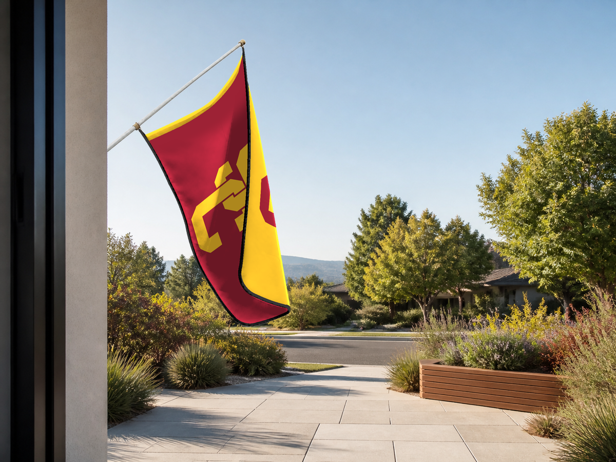 USC Trojans Authentic Gameday Flag — approved one-scene environment view — EXO R89 — item_id=ncaa-fbs-usc-trojans — source_sha256=e0d1cb1533f02dcd2369ff1ca8b76806eebf3d3ca3e877af5bc376c6ae660a49