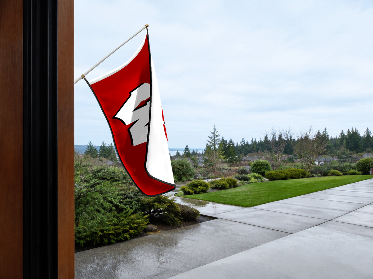 Wisconsin Badgers Authentic Gameday Flag — approved one-scene environment view — EXO R89 — item_id=ncaa-fbs-wisconsin-badgers — source_sha256=4f2257a06445ee35995b01ab3ba3c65747c966bcdff9572f51def27e361ef8e8