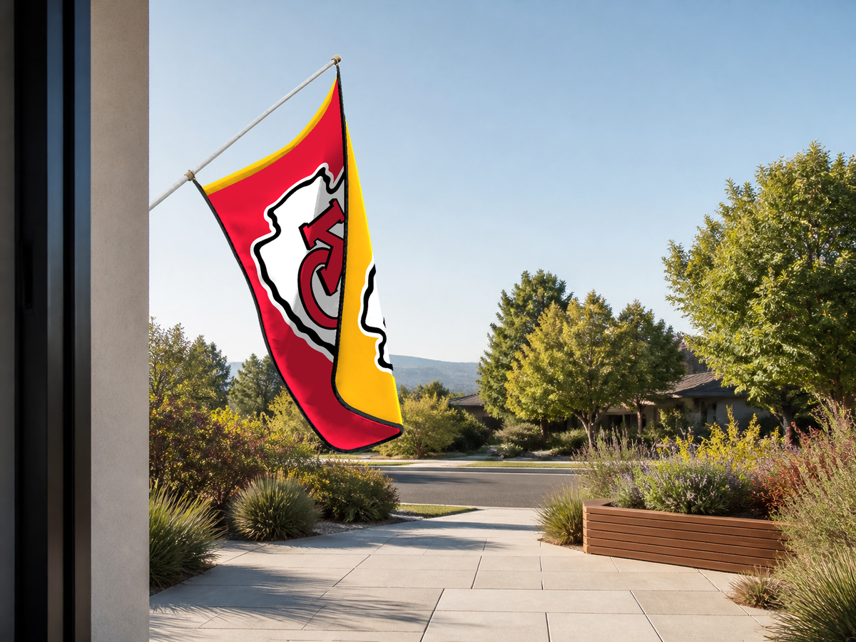 Kansas City Chiefs Authentic Gameday Flag — approved one-scene environment view — EXO R89 — item_id=nfl-kansas-city-chiefs — source_sha256=3f3b73fde65cfc06848c6adb74cca4db5f9cc85446300700e98ae2d77efc70b0