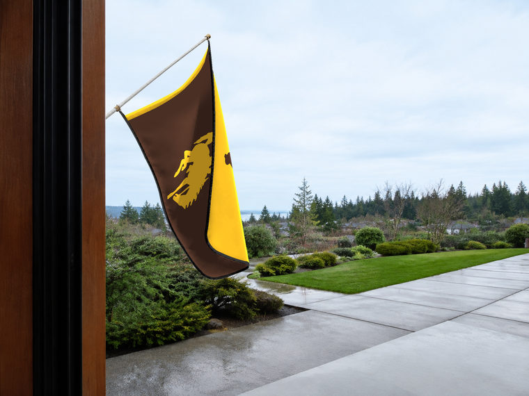 Wyoming Cowboys Authentic Gameday Flag — approved one-scene environment view — EXO R89 — item_id=ncaa-fbs-wyoming-cowboys — source_sha256=d2c4d19915506b490ba499a1bf0787dd7819017bc25027479e771b74f09b5745