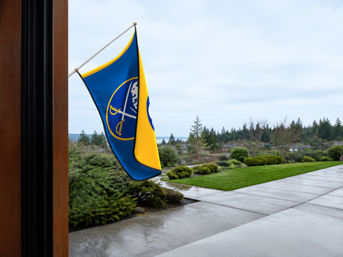 Buffalo Sabres Authentic Gameday Flag — approved one-scene environment view — EXO R89 — item_id=nhl-buffalo-sabres — source_sha256=f84531f967b08c48e52bd65520374387b57fa78e90a12431224211f43f94f32f