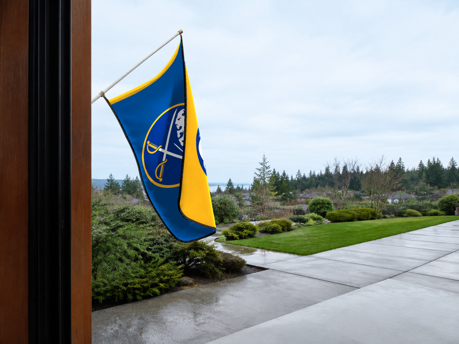 Buffalo Sabres Authentic Gameday Flag — approved one-scene environment view — EXO R89 — item_id=nhl-buffalo-sabres — source_sha256=f84531f967b08c48e52bd65520374387b57fa78e90a12431224211f43f94f32f