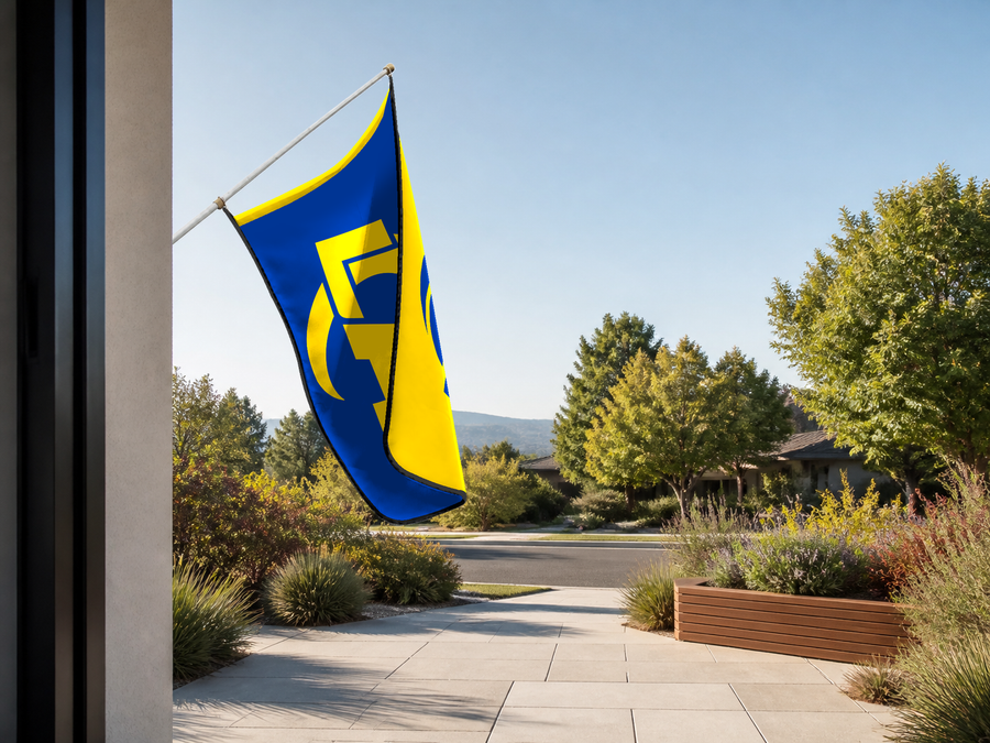 Los Angeles Rams Authentic Gameday Flag — approved one-scene environment view — EXO R89 — item_id=nfl-los-angeles-rams — source_sha256=68504c0bf1ffa59395de245ceb8908a2bce30c4a06c10f55d207fe10b9e892aa
