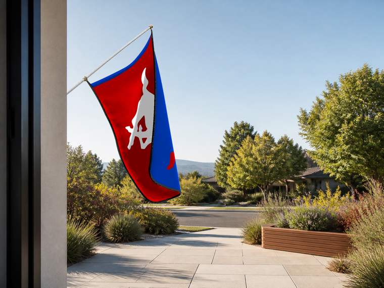SMU Mustangs Authentic Gameday Flag — approved one-scene environment view — EXO R89 — item_id=ncaa-fbs-smu-mustangs — source_sha256=4a733378bb131ac3685910b841b3376fa85f167f7048b22c352d8dc755a37dc8