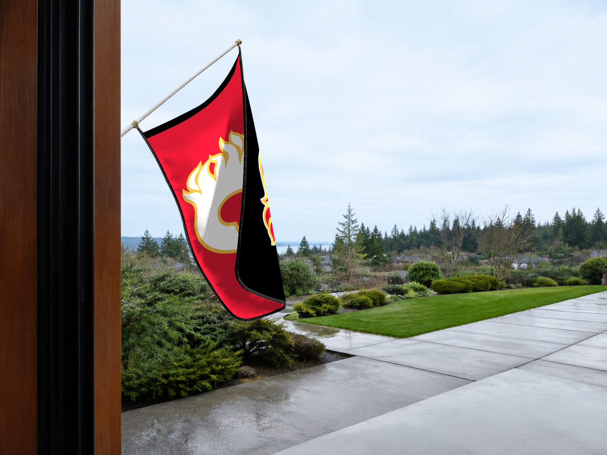 Calgary Flames Authentic Gameday Flag — approved one-scene environment view — EXO R89 — item_id=nhl-calgary-flames — source_sha256=e5e7fbb92ba28968039e6a201c2517ad76be1681bbe6f3655d0cdbfa6d564477