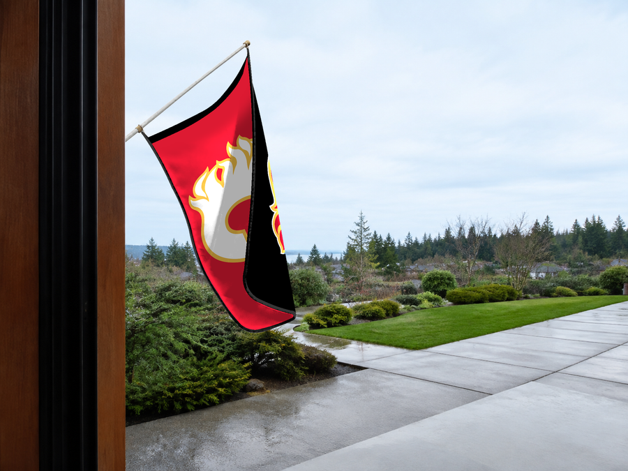 Calgary Flames Authentic Gameday Flag — approved one-scene environment view — EXO R89 — item_id=nhl-calgary-flames — source_sha256=e5e7fbb92ba28968039e6a201c2517ad76be1681bbe6f3655d0cdbfa6d564477
