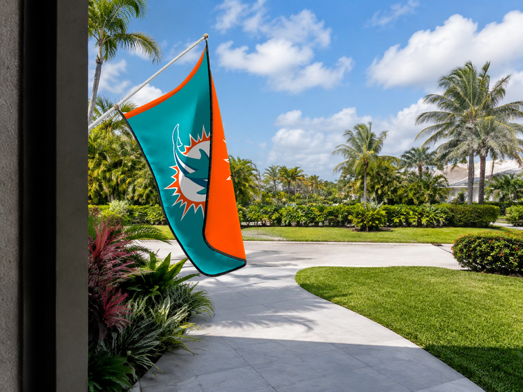 Miami Dolphins Authentic Gameday Flag — approved one-scene environment view — EXO R89 — item_id=nfl-miami-dolphins — source_sha256=31ba8d891185a3f947bd699963194ff0d2e11b57cf815874ad360961c4f1d8ab