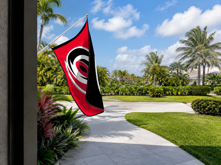Carolina Hurricanes Authentic Gameday Flag — approved one-scene environment view — EXO R89 — item_id=nhl-carolina-hurricanes — source_sha256=6111e1aef87e025c3367ac5fedede9ee39642d43e331705222be256bd7ec562e
