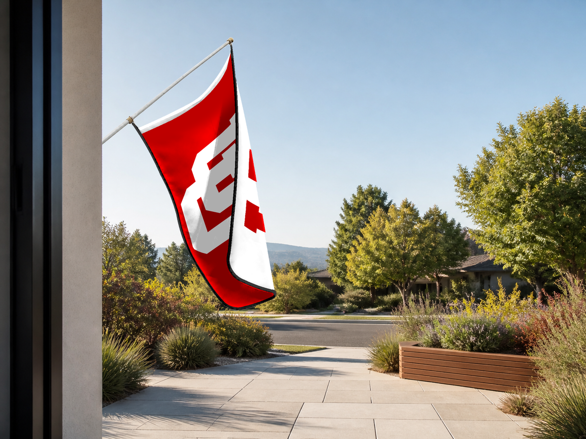 Utah Utes Authentic Gameday Flag — approved one-scene environment view — EXO R89 — item_id=ncaa-fbs-utah-utes — source_sha256=5098547b313c4670e1cda0cb1eb22286e063629649541cf75952b3f479319922