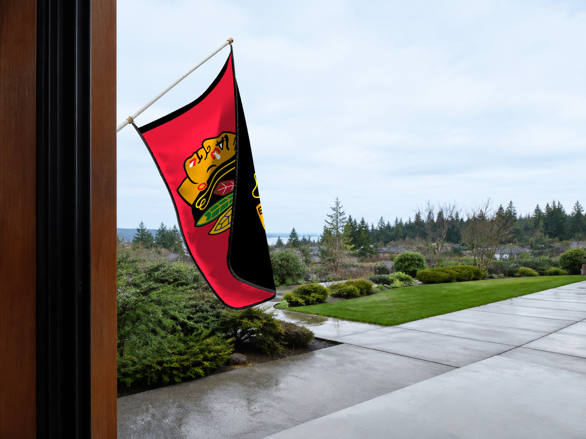 Chicago Blackhawks Authentic Gameday Flag — approved one-scene environment view — EXO R89 — item_id=nhl-chicago-blackhawks — source_sha256=bee874a59afb2ac4e73b1d832a2274f8a2f188620ebe8b1a5b0d103f78060a1e