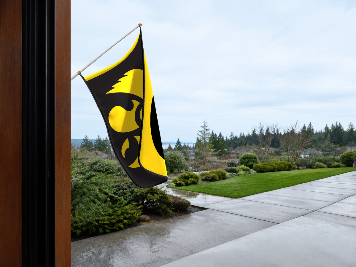 Iowa Hawkeyes Authentic Gameday Flag — approved one-scene environment view — EXO R89 — item_id=ncaa-fbs-iowa-hawkeyes — source_sha256=b0845dc8fe91694978b35d8a9236989bf59f474f81fde2f60dfad5dd8d83d767