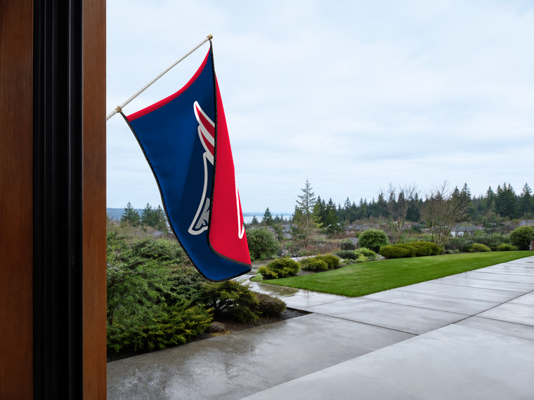 New England Patriots Authentic Gameday Flag — approved one-scene environment view — EXO R89 — item_id=nfl-new-england-patriots — source_sha256=7cec468a2c132d6f2cbb11b3e4b8b15cac33c7d0074b00a6a39c30051b94e9cb