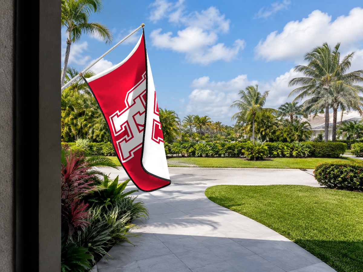 Houston Cougars Authentic Gameday Flag — approved one-scene environment view — EXO R89 — item_id=ncaa-fbs-houston-cougars — source_sha256=6f40eae7dbd3b9bb2d8a15ce9d630c8adcff6f4ec37c106f6623593794a70eeb
