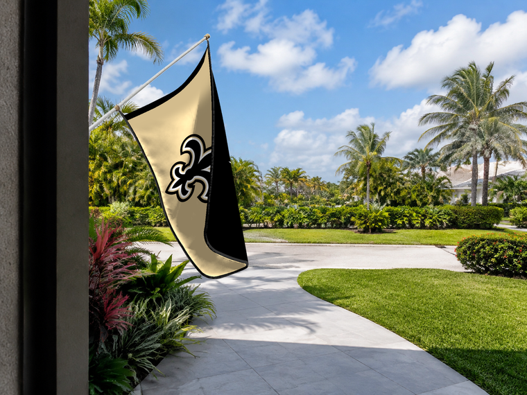 New Orleans Saints Authentic Gameday Flag — approved one-scene environment view — EXO R89 — item_id=nfl-new-orleans-saints — source_sha256=370c365107d0f70f5e943ba5a5fd9df5ab24e242af61ad5183d54e9406f2e477