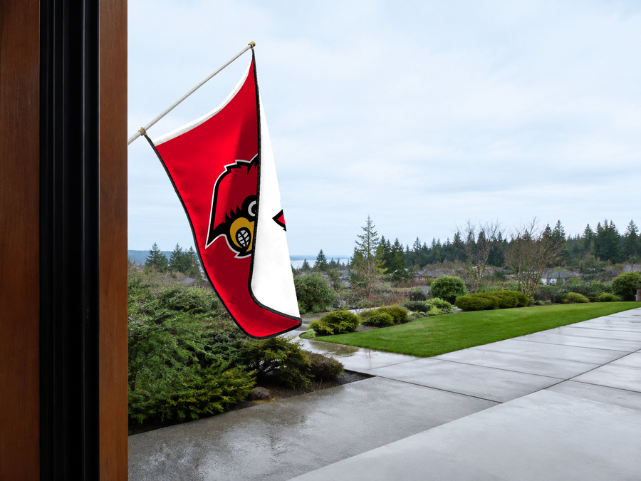 Louisville Cardinals Authentic Gameday Flag — approved one-scene environment view — EXO R89 — item_id=ncaa-fbs-louisville-cardinals — source_sha256=61d638a4cafcf9fefa92498f8c90d0b4232e580b8f93a92d1f12759f44e5260a