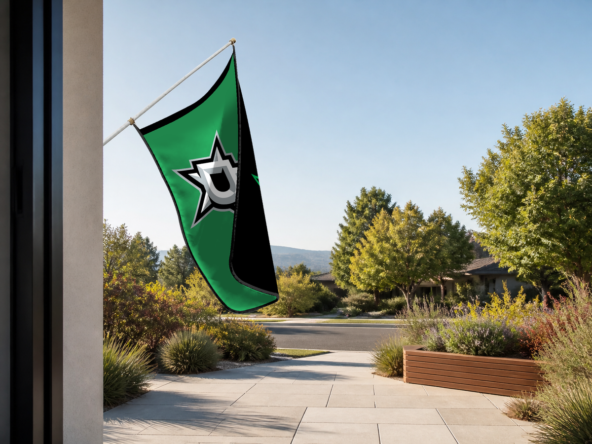 Dallas Stars Authentic Gameday Flag — approved one-scene environment view — EXO R89 — item_id=nhl-dallas-stars — source_sha256=cb3a6d39c15fa0de10352840de511927fcff5e6422218f4b2c4070a96509969f
