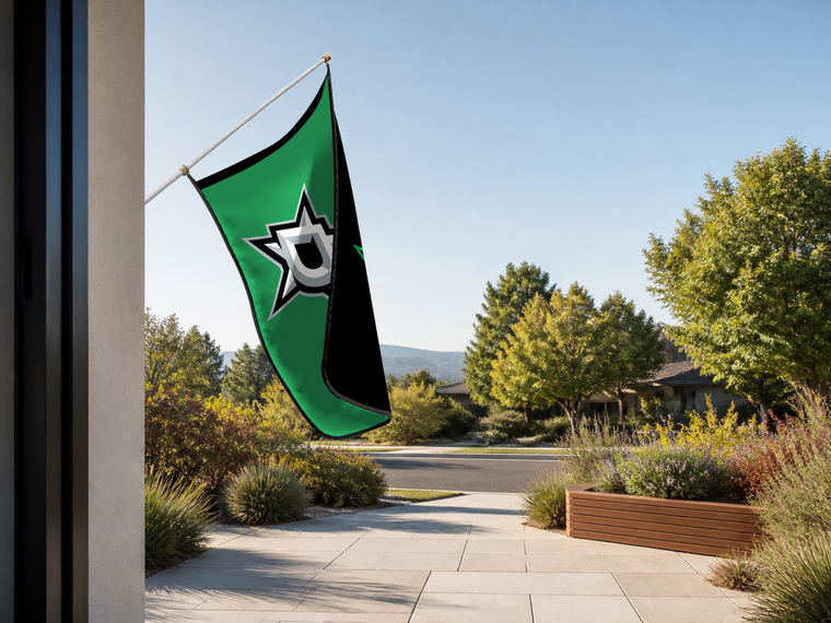 Dallas Stars Authentic Gameday Flag — approved one-scene environment view — EXO R89 — item_id=nhl-dallas-stars — source_sha256=cb3a6d39c15fa0de10352840de511927fcff5e6422218f4b2c4070a96509969f