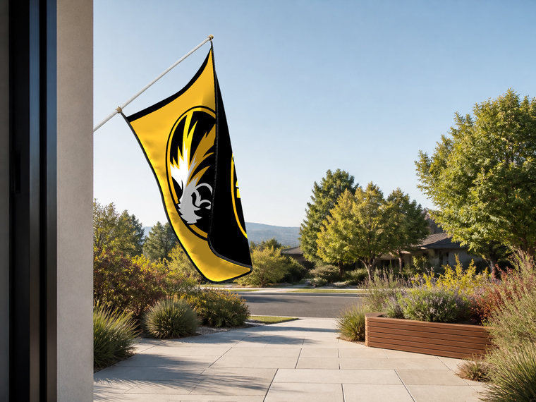 Missouri Tigers Authentic Gameday Flag — approved one-scene environment view — EXO R89 — item_id=ncaa-fbs-missouri-tigers — source_sha256=e1cd6b8ce95f5a2ae7b8acfee1f0f54bb8a180ffec47fad957eb32536041b62b