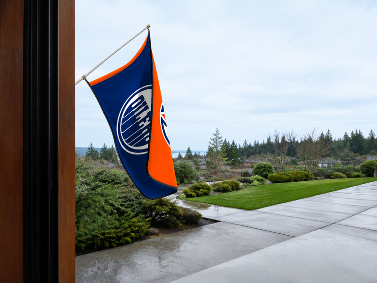 Edmonton Oilers Authentic Gameday Flag — approved one-scene environment view — EXO R89 — item_id=nhl-edmonton-oilers — source_sha256=b21d0e6b2264fe24d0b3a11e17e75ef06b9617eded91105d9153f428d0a1ad1b