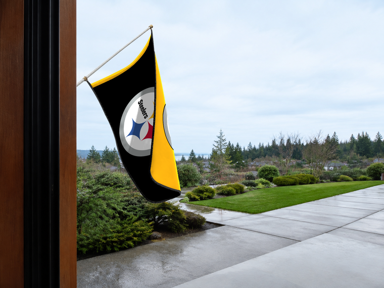 Pittsburgh Steelers Authentic Gameday Flag — approved one-scene environment view — EXO R89 — item_id=nfl-pittsburgh-steelers — source_sha256=911ad5dc557888c2b313486d7a6e11d7cabc97ab000e14d1e9996d9a0444107e