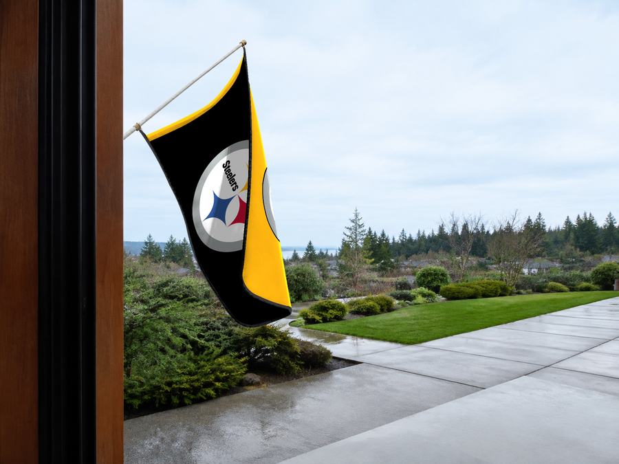 Pittsburgh Steelers Authentic Gameday Flag — approved one-scene environment view — EXO R89 — item_id=nfl-pittsburgh-steelers — source_sha256=911ad5dc557888c2b313486d7a6e11d7cabc97ab000e14d1e9996d9a0444107e