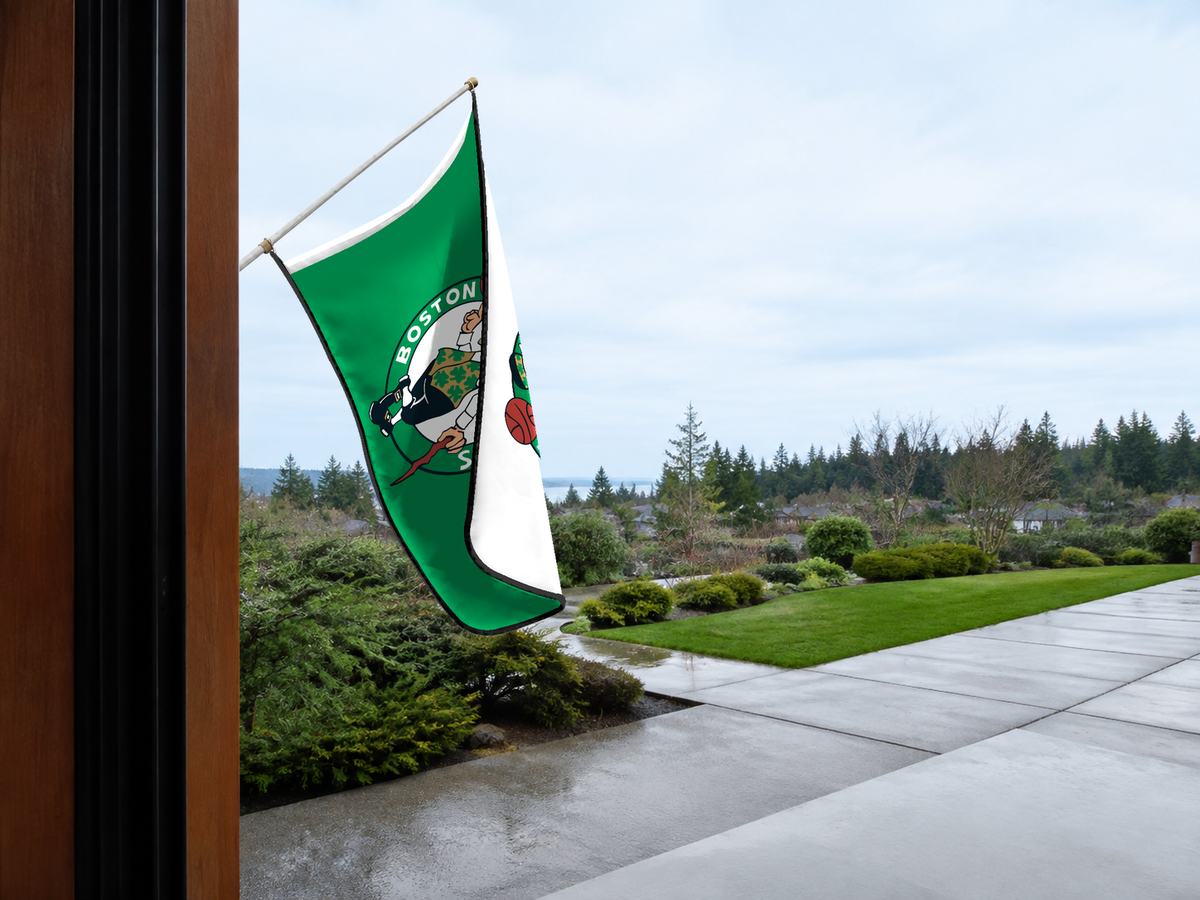 Boston Celtics Authentic Gameday Flag — approved one-scene environment view — EXO R89 — item_id=nba-boston-celtics — source_sha256=630748edda5d3281d37c2ee47aaf0c6ebd4d18b40862a4aa7785fe8455c96d3f