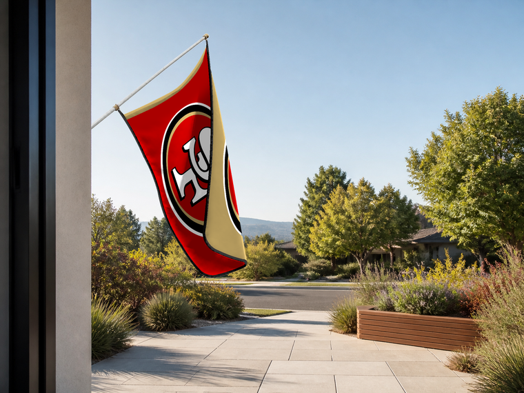 San Francisco 49ers Authentic Gameday Flag — approved one-scene environment view — EXO R89 — item_id=nfl-san-francisco-49ers — source_sha256=9faffb5b7a4526b0478eb835af85de36aad1ff2fa442900c43f7aedb58092489