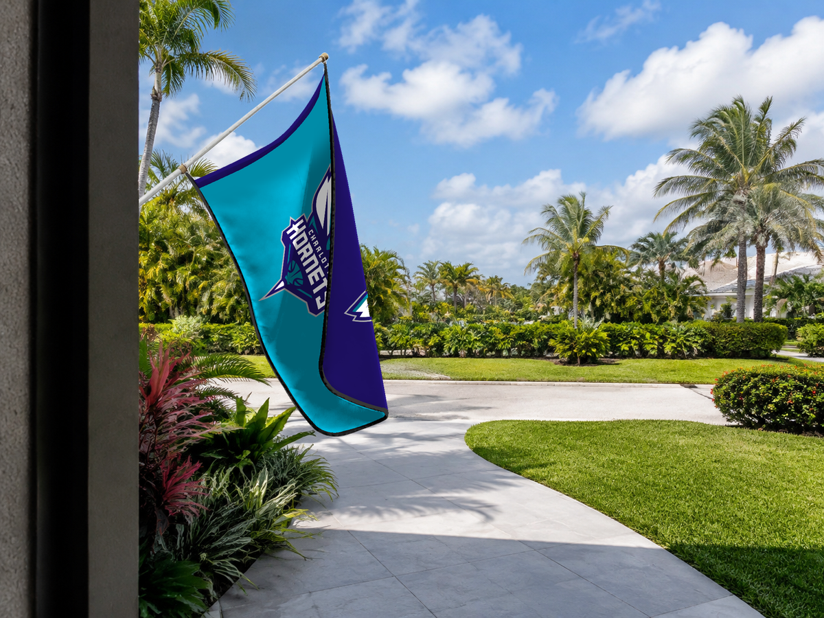 Charlotte Hornets Authentic Gameday Flag — approved one-scene environment view — EXO R89 — item_id=nba-charlotte-hornets — source_sha256=7b30b93bc8d7fe515c7f6ac1b6aa77a5ac5e99ae94c1351a2a22487c924aee62