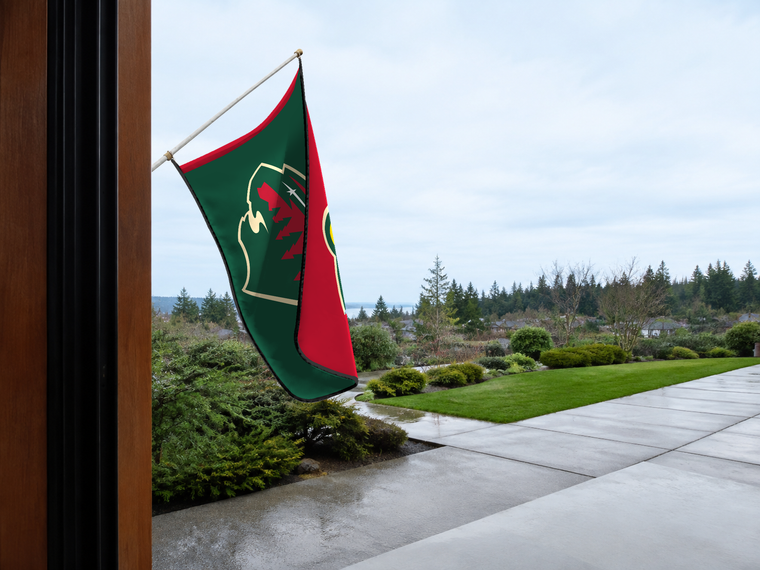 Minnesota Wild Authentic Gameday Flag — approved one-scene environment view — EXO R89 — item_id=nhl-minnesota-wild — source_sha256=af9510e4773c601fcad26ee83a407aab9127398ac1bffafc83cc1569447415f3