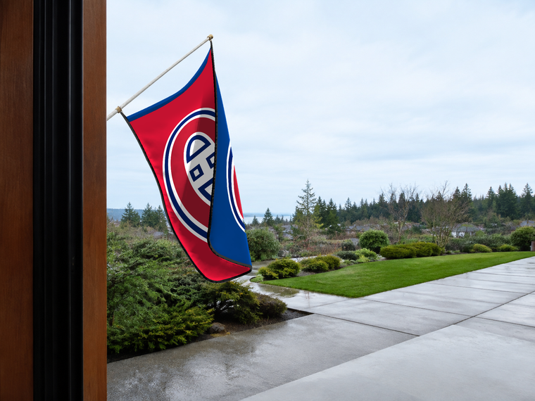 Montreal Canadiens Authentic Gameday Flag — approved one-scene environment view — EXO R89 — item_id=nhl-montreal-canadiens — source_sha256=f02f4b15e97d078a11c2cb0189efa7688b6e60264d99546ab367d5f9e52d072b