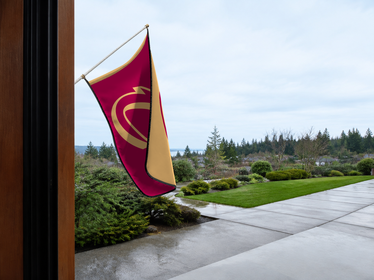 Cleveland Cavaliers Authentic Gameday Flag — approved one-scene environment view — EXO R89 — item_id=nba-cleveland-cavaliers — source_sha256=d9be69e519eaeac426b8ff5943ba9de5843b2db4acce82c8a2c9140d7e0a32c6