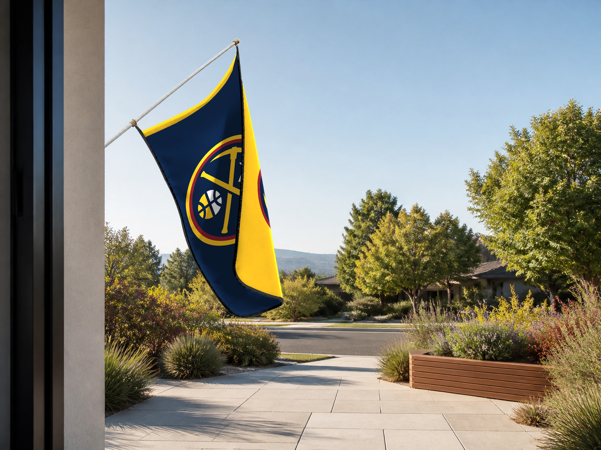 Denver Nuggets Authentic Gameday Flag — approved one-scene environment view — EXO R89 — item_id=nba-denver-nuggets — source_sha256=e4c15145c8a403687e445d94b8177e641f792a480145a070807bddbd4f075d04