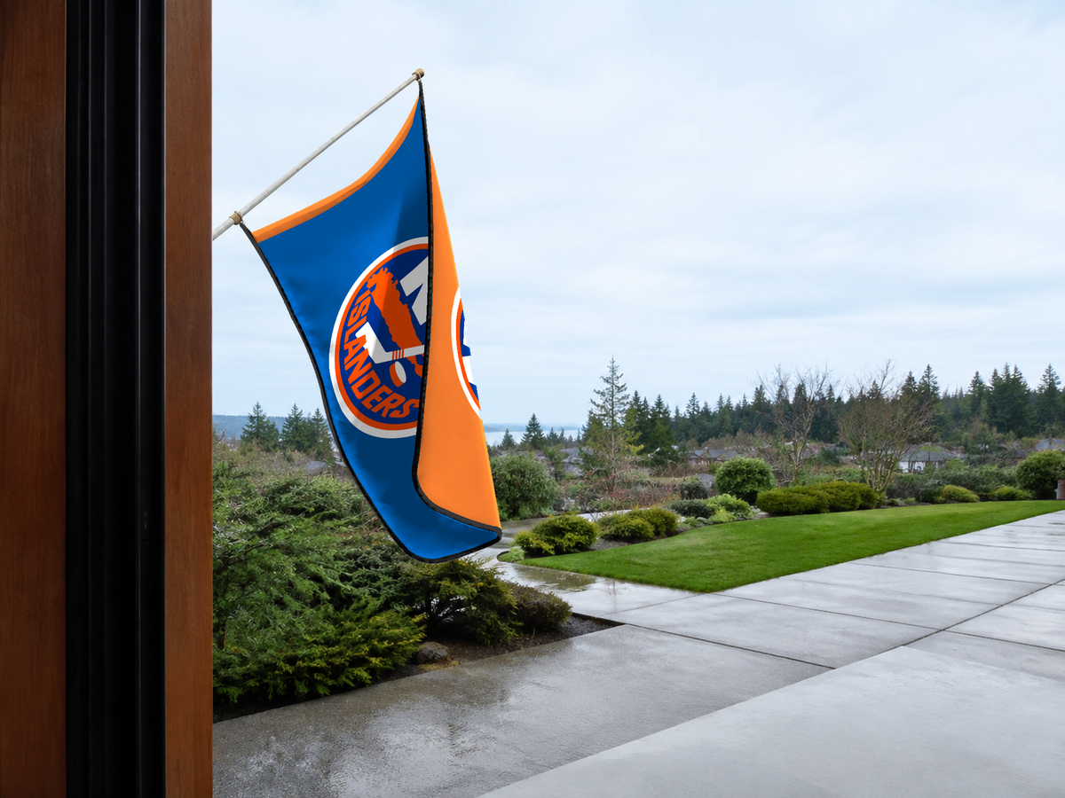New York Islanders Authentic Gameday Flag — approved one-scene environment view — EXO R89 — item_id=nhl-new-york-islanders — source_sha256=cb0c96628fab87b6fcb22e0c18944dda7dfe3e31a32cc8212c74c839a11c2910