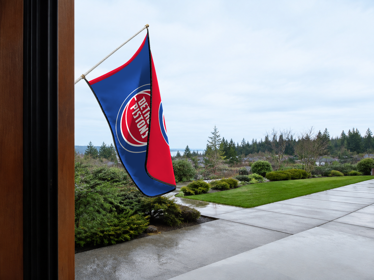 Detroit Pistons Authentic Gameday Flag — approved one-scene environment view — EXO R89 — item_id=nba-detroit-pistons — source_sha256=db498b873ea44391cfc7dd8626be36344786beb5dc8c55043670c3b19831e479
