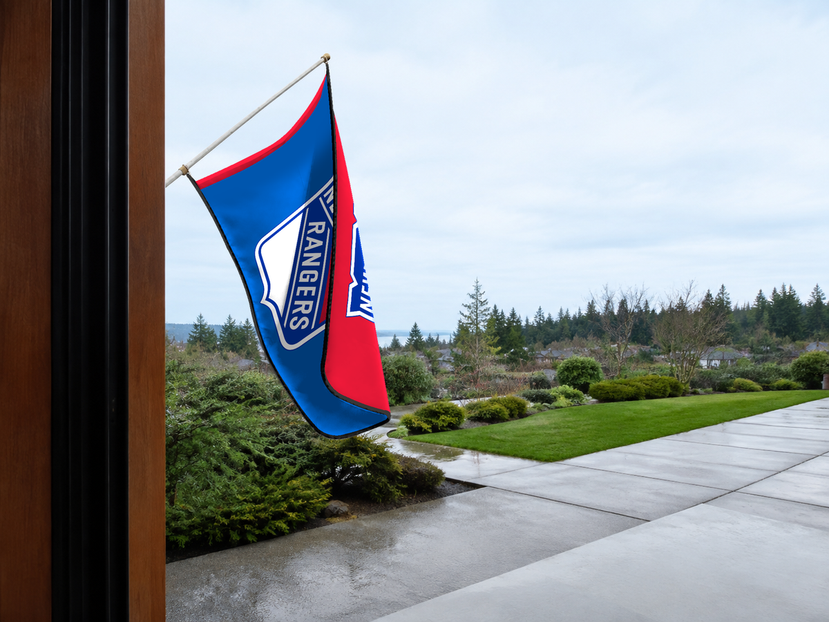New York Rangers Authentic Gameday Flag — approved one-scene environment view — EXO R89 — item_id=nhl-new-york-rangers — source_sha256=a6c82202f4aa03836dd31e35e5ebb54e0dd87652d4579668c2f61a59b3fe1606