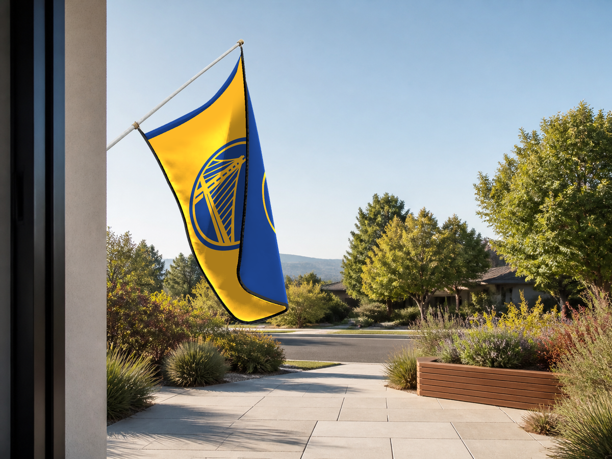 Golden State Warriors Authentic Gameday Flag — approved one-scene environment view — EXO R89 — item_id=nba-golden-state-warriors — source_sha256=9abe3c26ea305e32b852962c7ec447b721ed721e02d6d59e25f6eb9fe226e06b