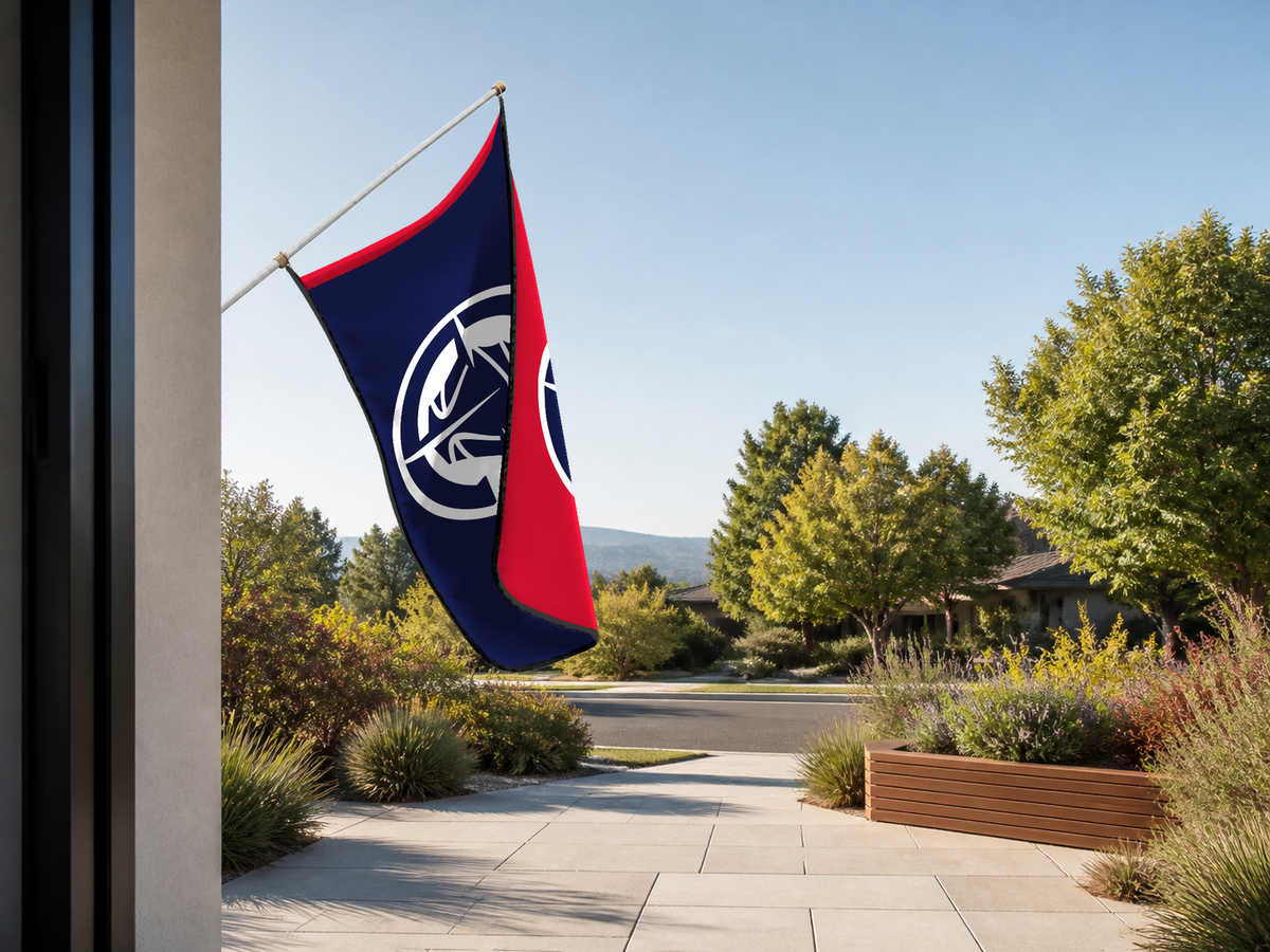 LA Clippers Authentic Gameday Flag — approved one-scene environment view — EXO R89 — item_id=nba-la-clippers — source_sha256=2b34ae297401cc9c658a6b07a32797af13b4856335ee3c7f94f55b4dcf14598e